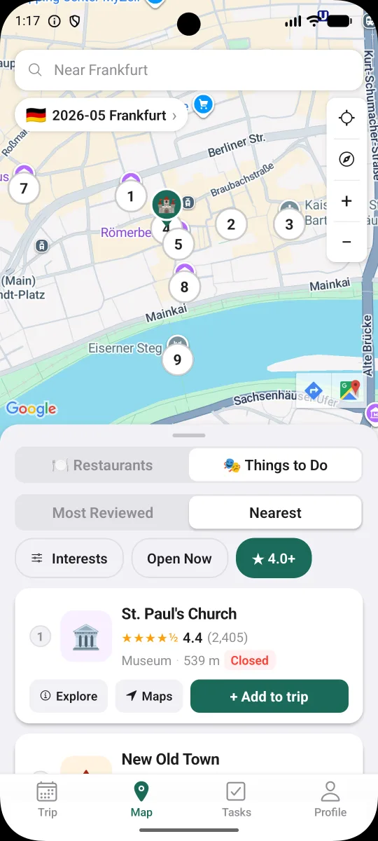 WhereIGo Map tab: numbered pins over a Frankfurt map with a list of nearby top-rated places and an Add-to-trip button