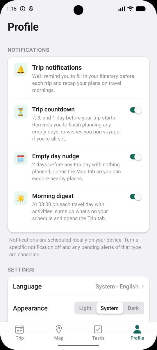 WhereIGo notifications: activity reminders, a morning digest, and a pre-trip countdown