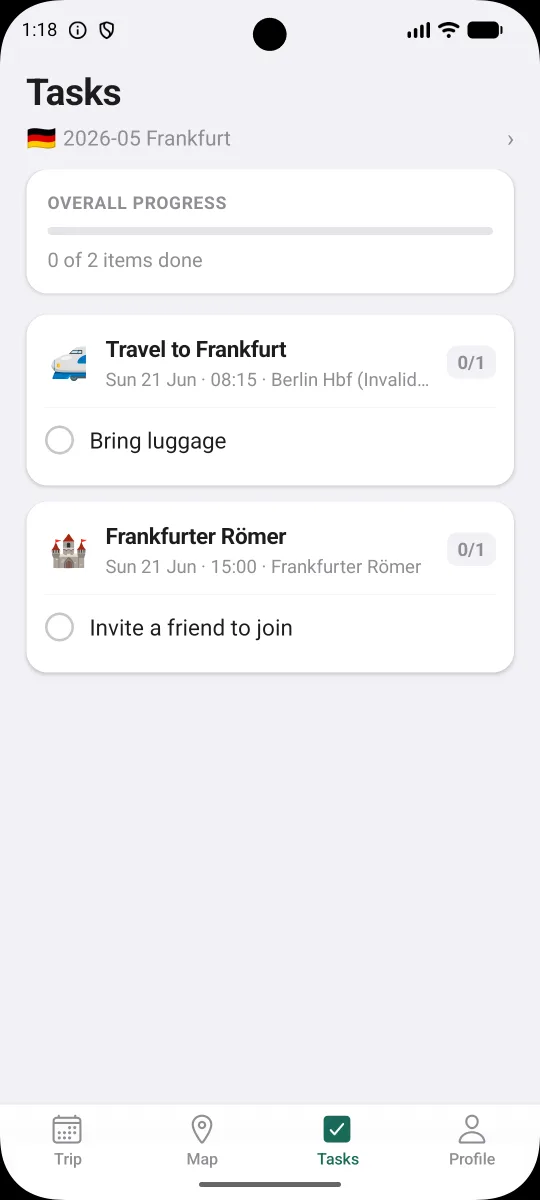 WhereIGo Tasks tab: what's up next today plus preparation checklists grouped by activity