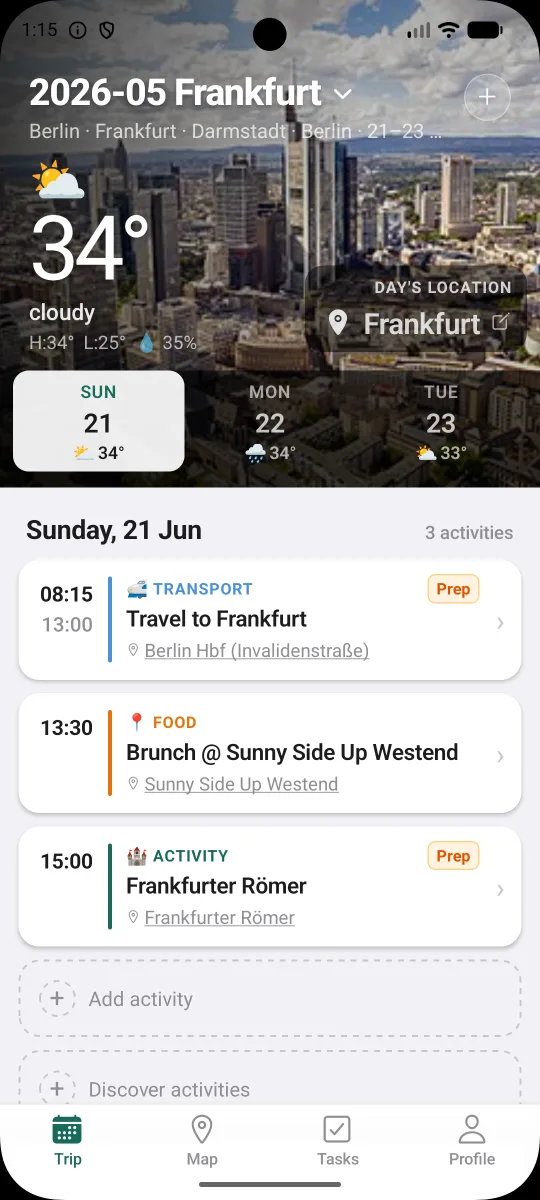 WhereIGo Trip tab: a day-by-day itinerary for Frankfurt with weather, a day strip, and timed activity cards